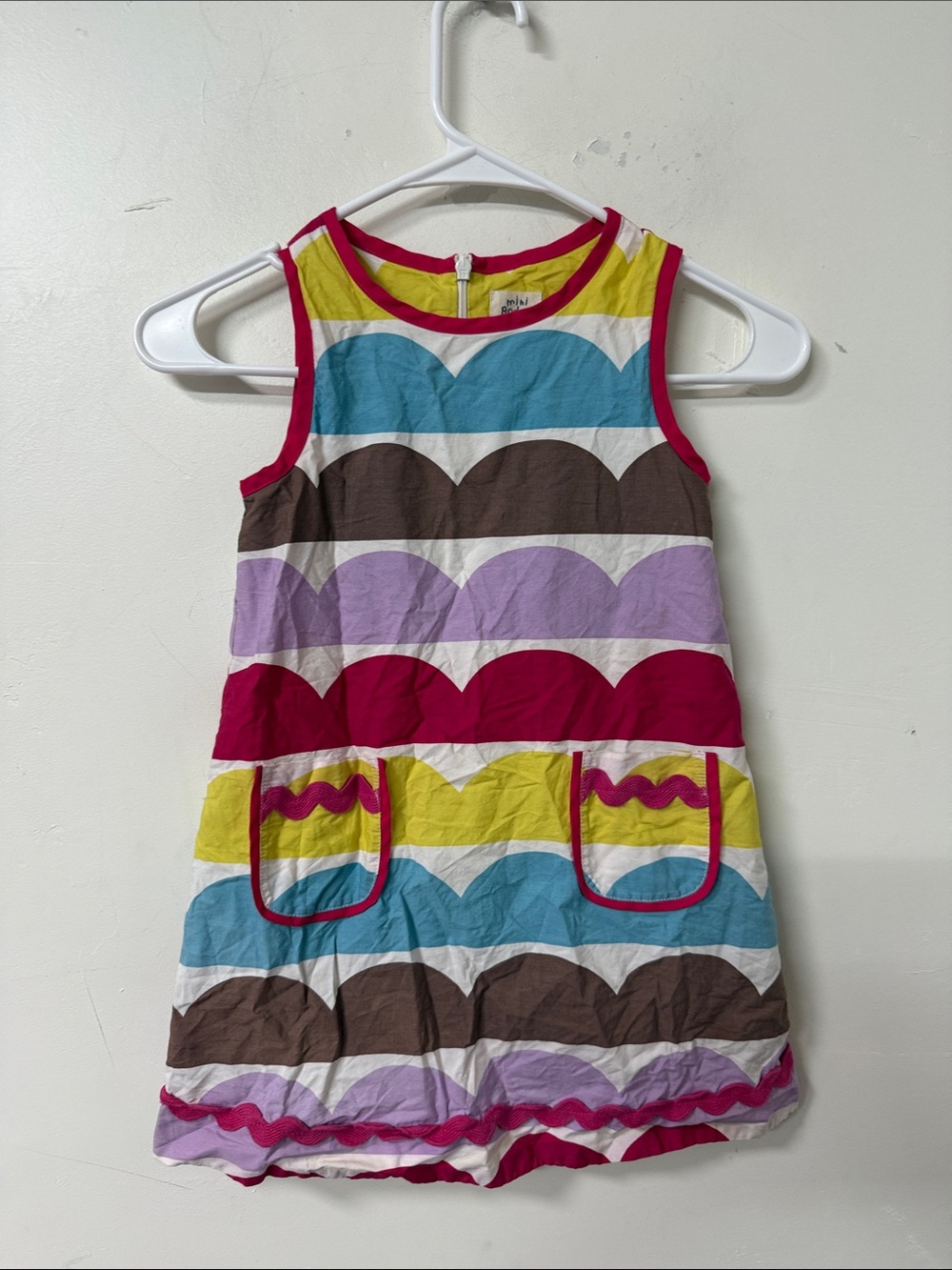 Mini Boden Bright Multicolor Scallop Stripe Dress - Pink Trim